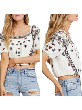 Free People Aurura Embroidered Cropped Peasant Top with Multicolor Motifs